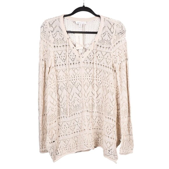 John Paul Richard Sweaters - Crochet Knit Shirt M Beige Sheer Cover Up Long Sleeve Tunic Sweater Lace Up Boho
